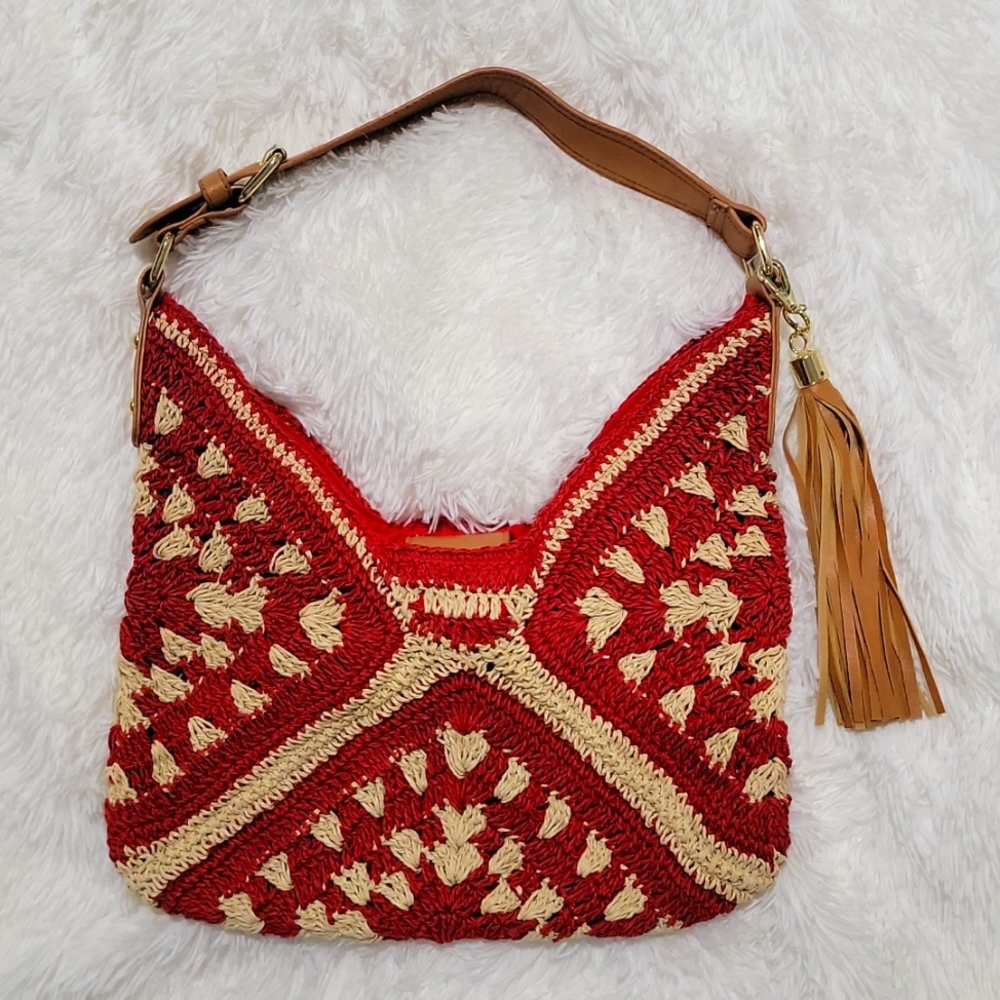 Franco Sarto, red / tan woven purse, chic, great for summer!